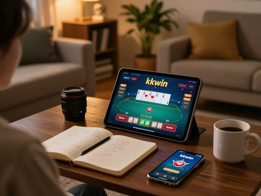 Engage with the app kkwin for online casino fun, featuring a cozy home gameplay setup.