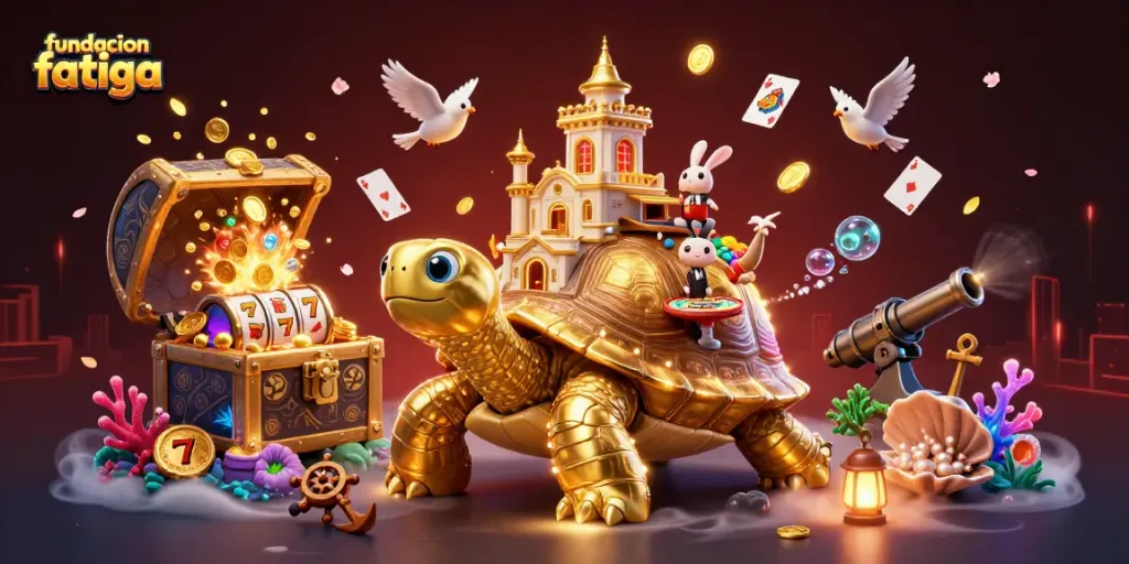 Experience thrilling gameplay with fundacionfatiga's dynamic casino adventure featuring golden tortoise and lively characters.