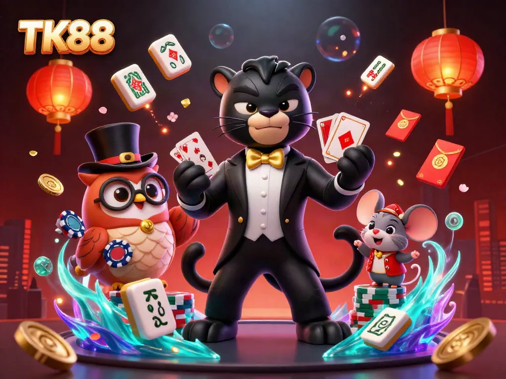 Experience the excitement of TK88 with a stylish black panther dealer, an owl, and a mouse in a casino-themed setting.