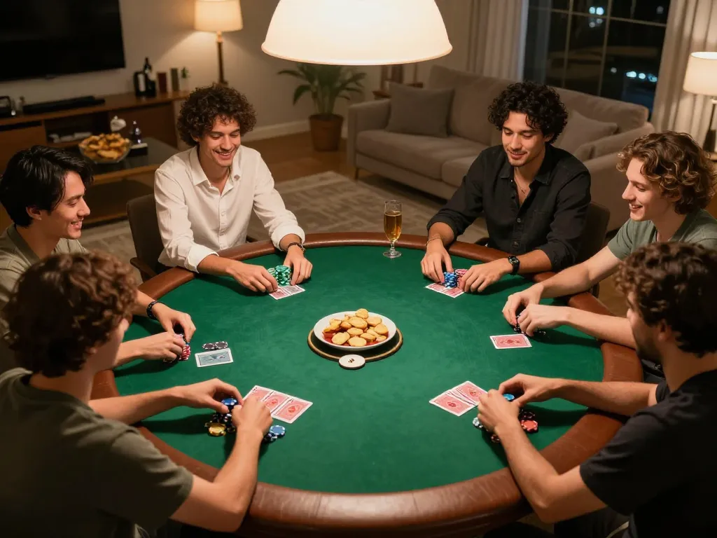 ggdewa777 players enjoy a lively home poker night surrounded by chips and laughter.