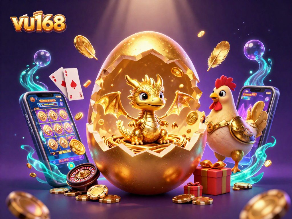 Experience exhilarating gameplay at vu168 with a golden dragon surrounded by poker elements and colorful slots.