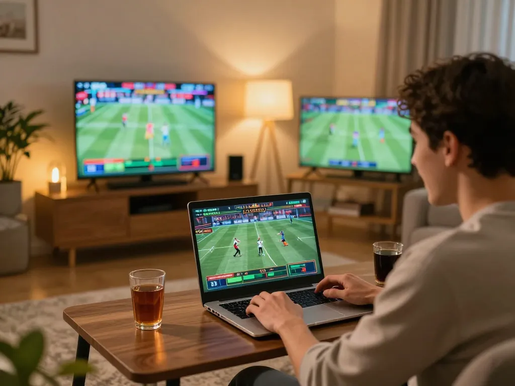 Excited player engaging in sports betting on god55vn from home, showcasing a lively laptop screen.