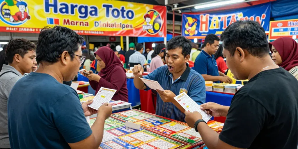 Suasana pasar modern Indonesia dengan pengunjung memeriksa harga toto dan tiket lotere, penuh warna dan energi.