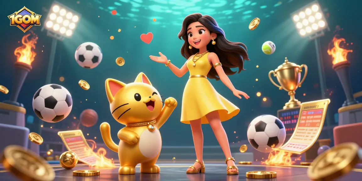 Engage with winning bets using 1GOM, featuring dynamic sports betting elements and cheerful characters.
