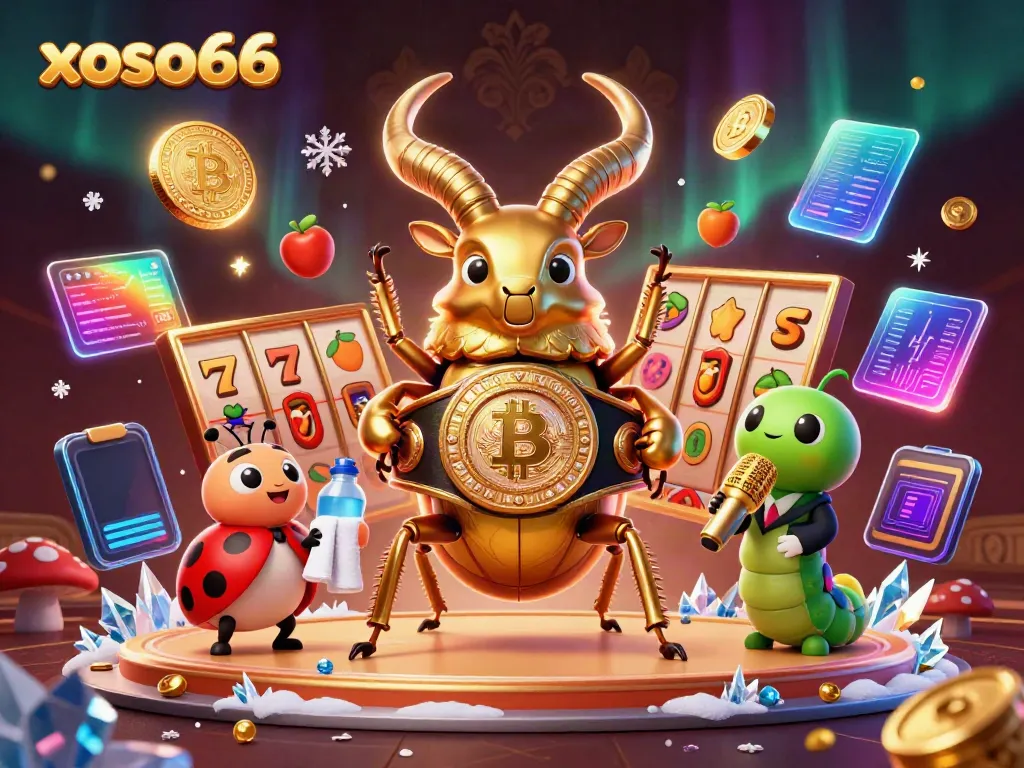 Visualize xoso66 gaming excitement with a giant stag beetle and glimmering slot game elements.