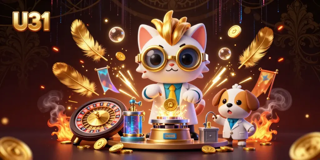 Gamblers enjoy U31 casino action with a mad scientist cat and dog in a dynamic scene.
