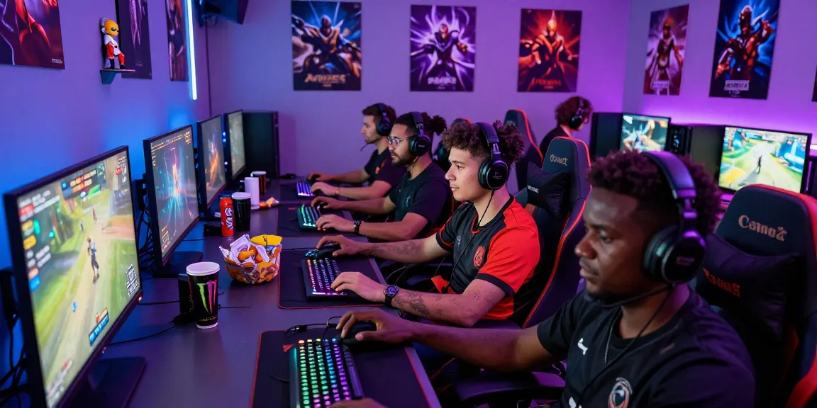 Engaging gamers focused on their screens in a vibrant lounge, featuring coloksgp link alternatif and gaming paraphernalia.