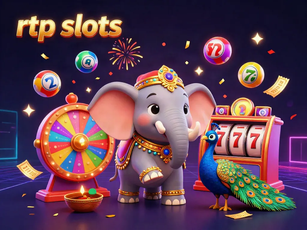 Experience the excitement of rtp slots with a vivid 3D illustration featuring a colorful elephant, peacock, and slot elements.
