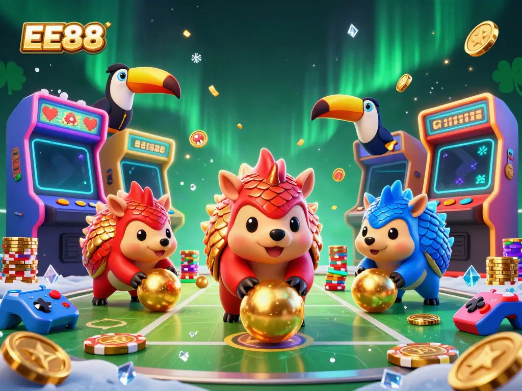 EE88 pangolins bowling through poker chips in a vibrant casino-themed scene.
