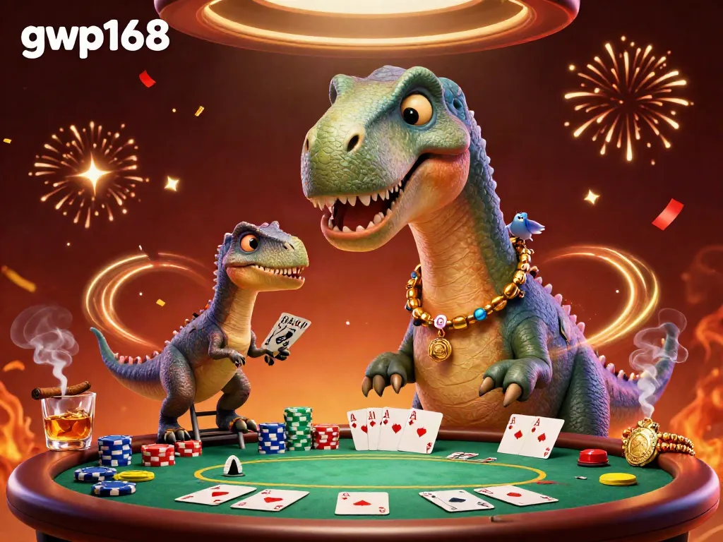 Mengguncang meja poker di kasino dengan gwp168, brontosaurus raksasa berbicara kepada raptor sambil mengacak kartu.