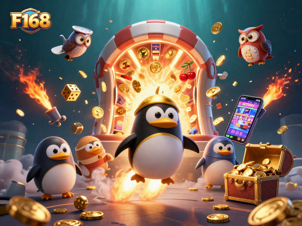 Engage with F168's adventurous golden penguin soaring through a vibrant casino cosmos.