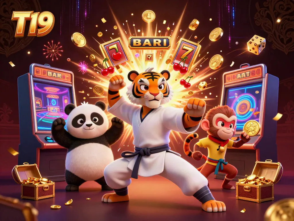 Experience thrilling entertainment at T19 with a cartoon tiger master, playful panda, and monkey amidst casinos