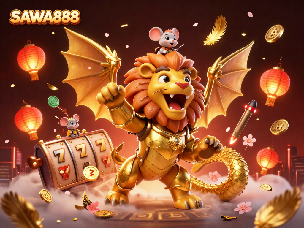SAWA888 presents a captivating casino scene with a golden chimera and lively slot elements.
