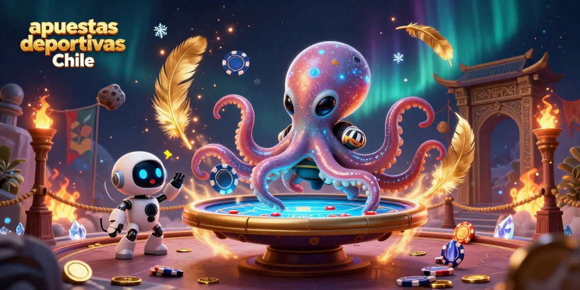 Apuestas deportivas Chile: pulpo alienígena operando una mesa de póker holográfica rodeada de fichas y elementos dinámicos.