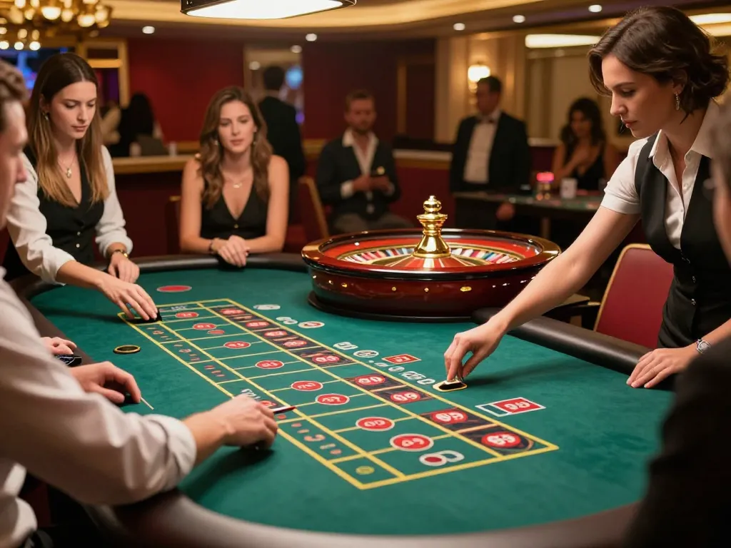 Pemain MPO1221 memasang taruhan di meja roulette dalam suasana kasino yang vibrant, menampilkan permainan strategis dan kegembiraan.