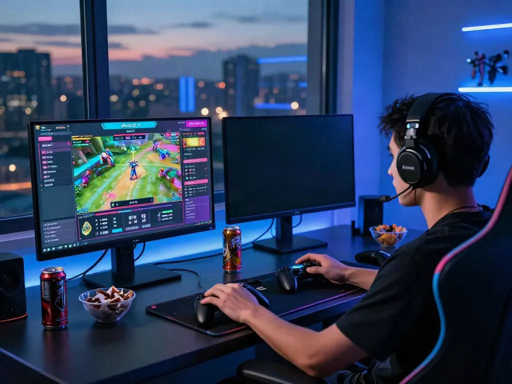 Dynamic akunjp online gaming experience with player at a modern gaming desk.
