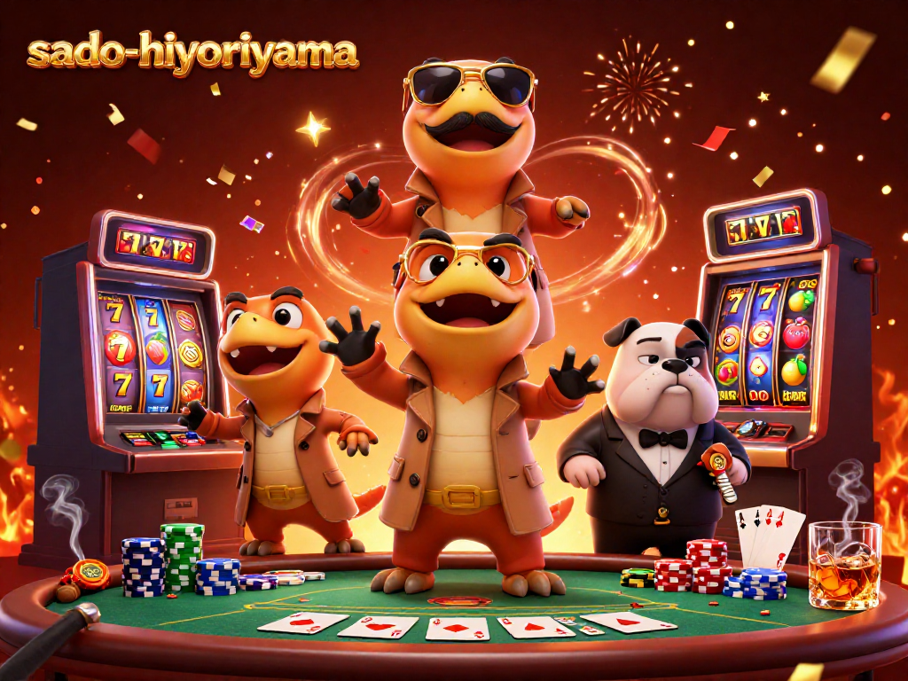 Sado-hiyoriyama showcases raptors in a trench coat entering a VIP casino lounge while dynamic gaming elements surround them.