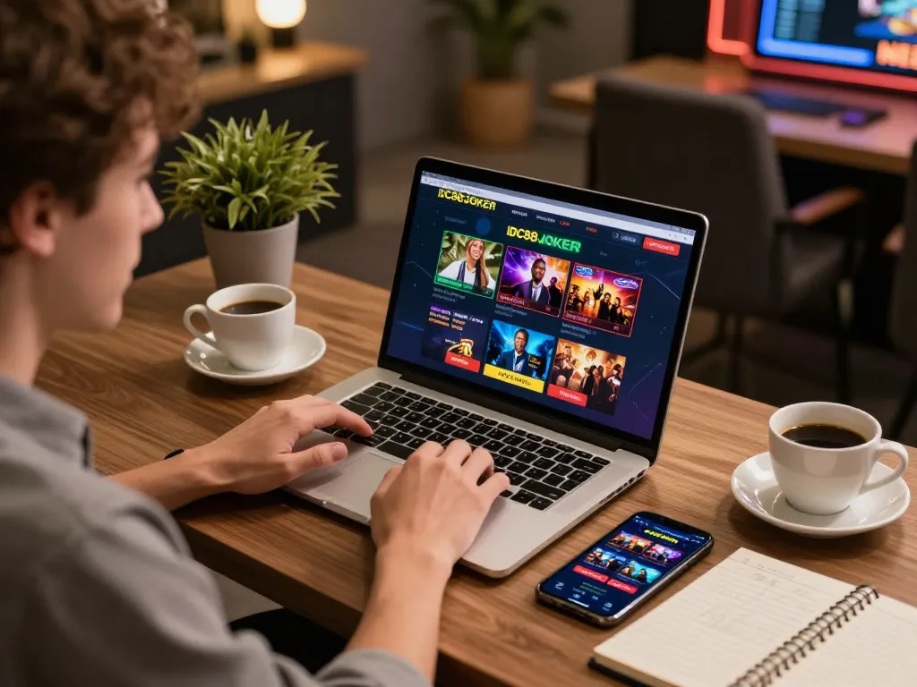 Play exciting games on IDC88JOKER while enjoying a cozy home setup with a laptop.