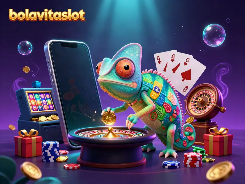 Engage with bolavitaslot as a vibrant chameleon casino owner captures golden coins amidst a thrilling game scene.