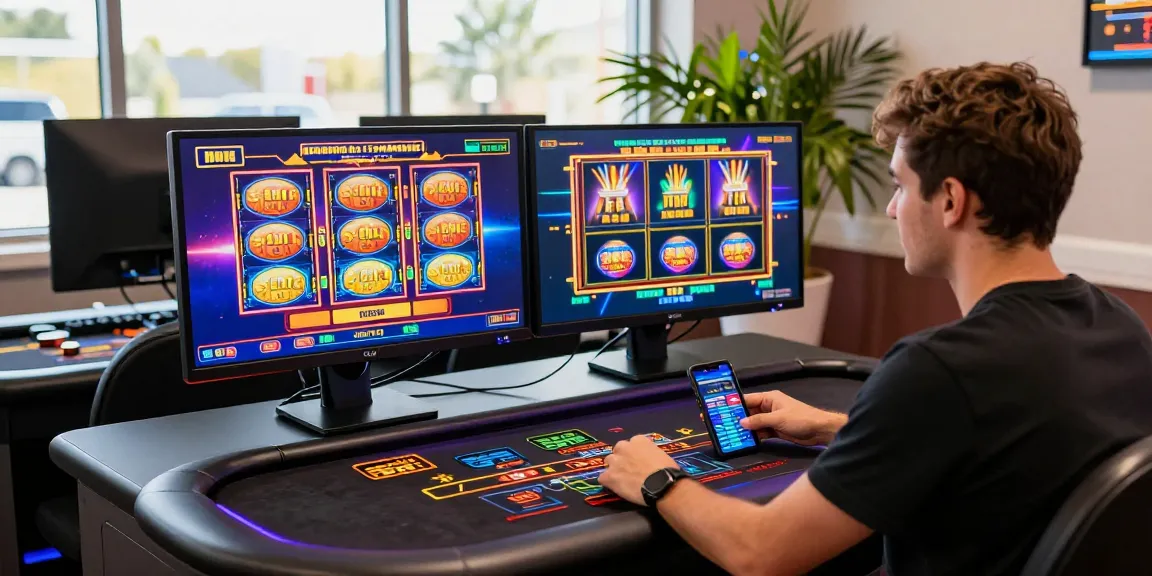 Engaged player at credit card casinos enjoying vibrant gameplay with dual monitors and modern setup.