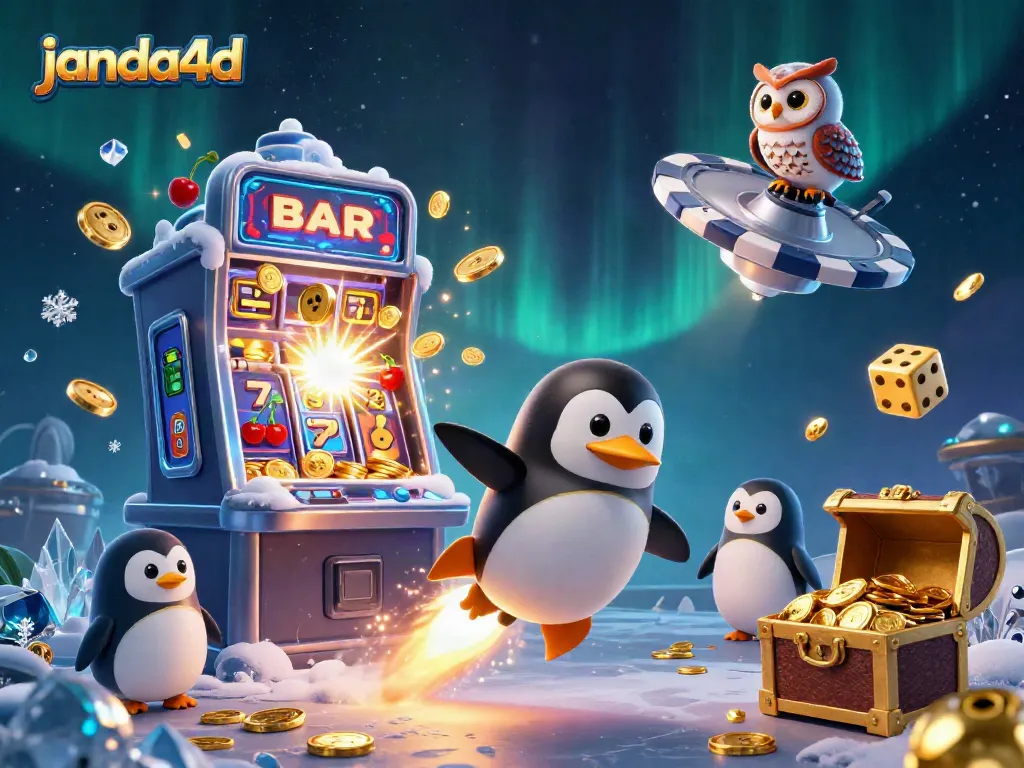 Gambarlah janda4d yang menunjukkan penguin emas menggunakan roket menuju kasino luar angkasa.