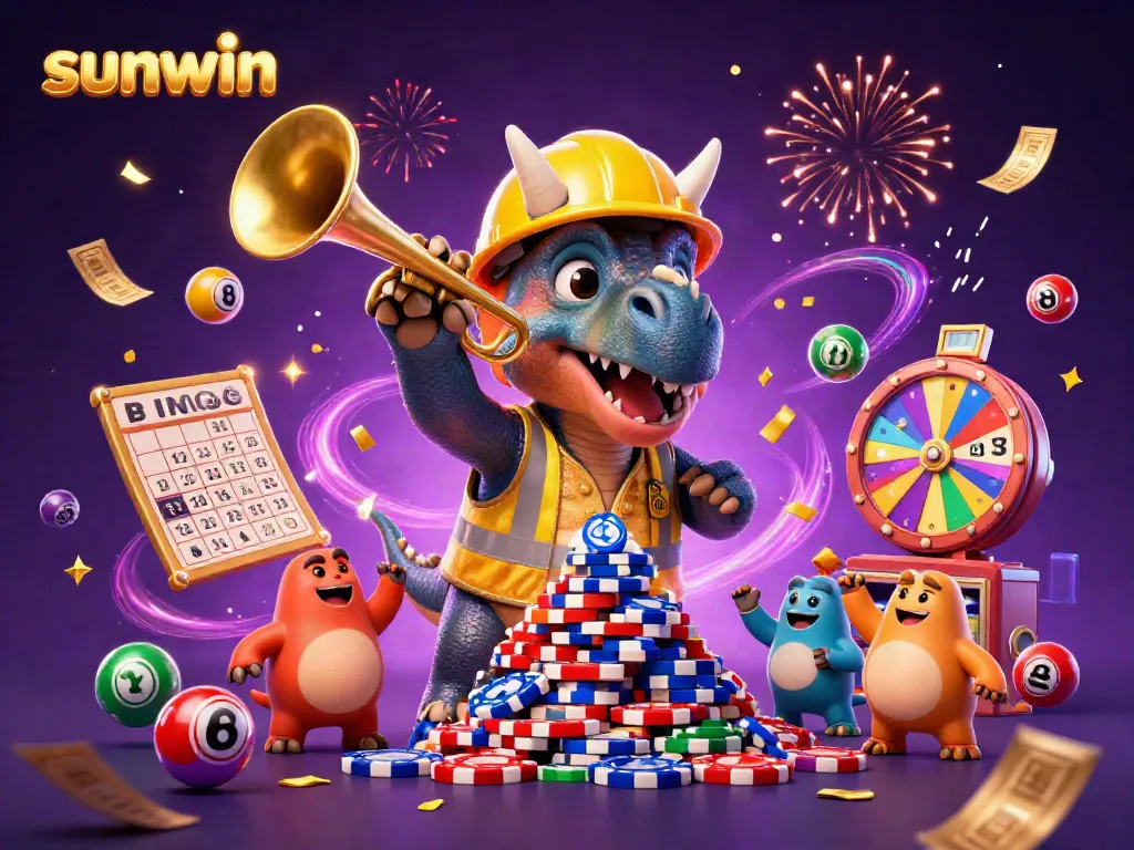 Engage with sunwin's vibrant casino realm featuring a cheerful dinosaur building poker chip towers amidst a colorful lottery backdrop.
