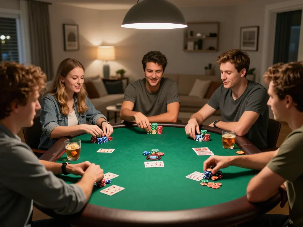 Sahabat berbagi malam poker yang mendebarkan, merencanakan strategi di atas keripik dan kartu di rumah dengan OVO303.