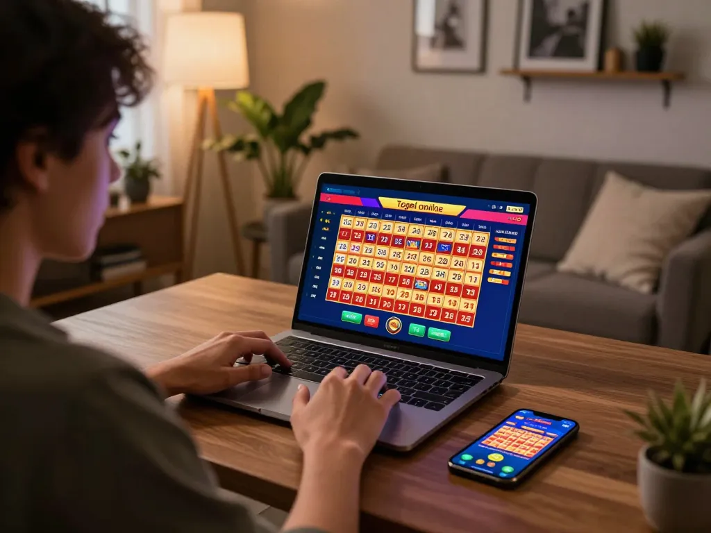 Engaging in togel online gaming at home with a laptop showcasing lottery numbers and a betting app.