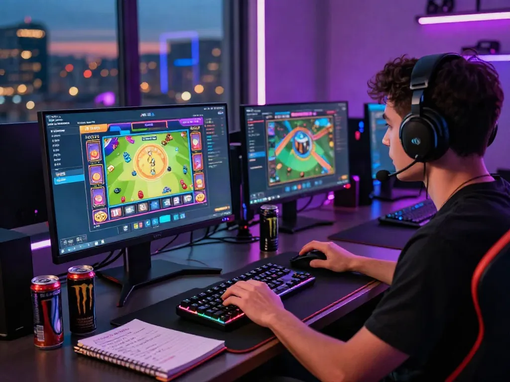 Engaged gamer concentrating on unsurtoto online lottery game with vibrant graphics and gaming accessories.