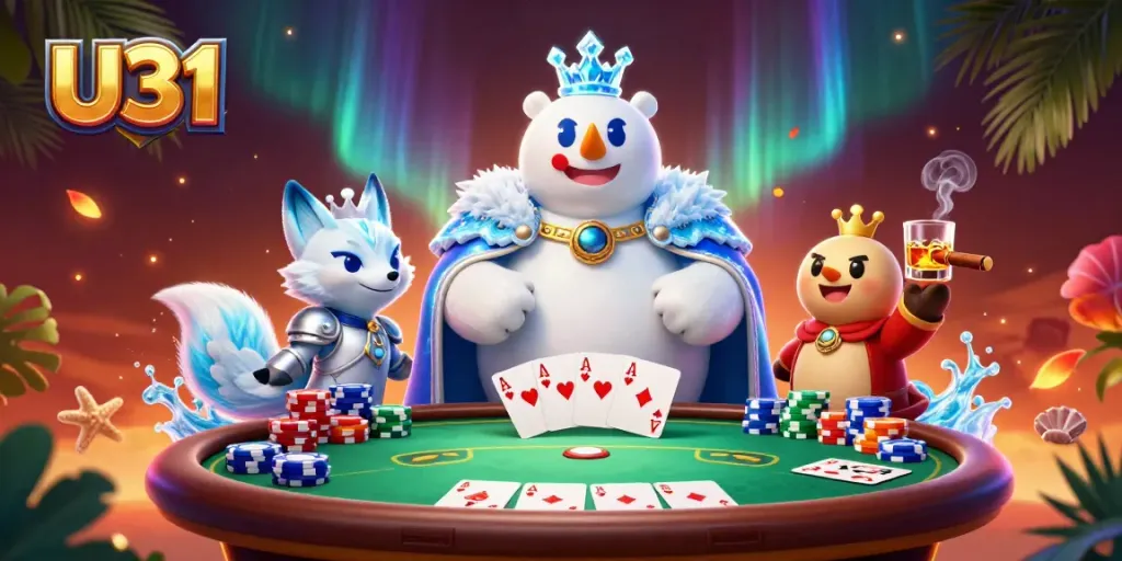 Experience U31 with a vibrant casino scene featuring the ice king and snow fox surrounded by poker elements.