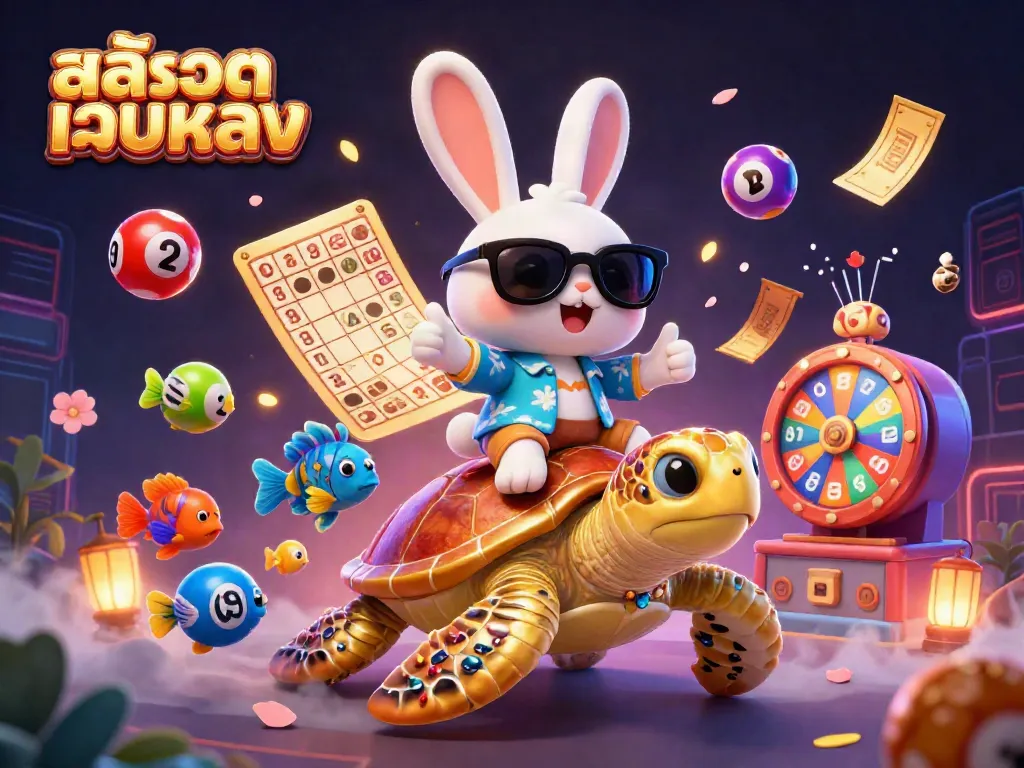 Engage in สล็อตเว็บตรง excitement with a lucky rabbit and golden turtle in a vibrant casino scene.