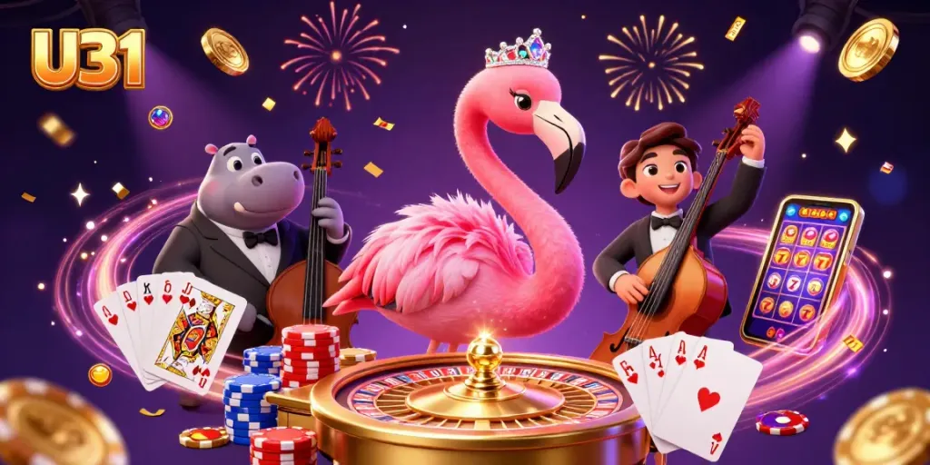 Experience thrilling gaming action at U31 with vibrant casino characters, dynamic gameplay elements, and playful atmosphere.