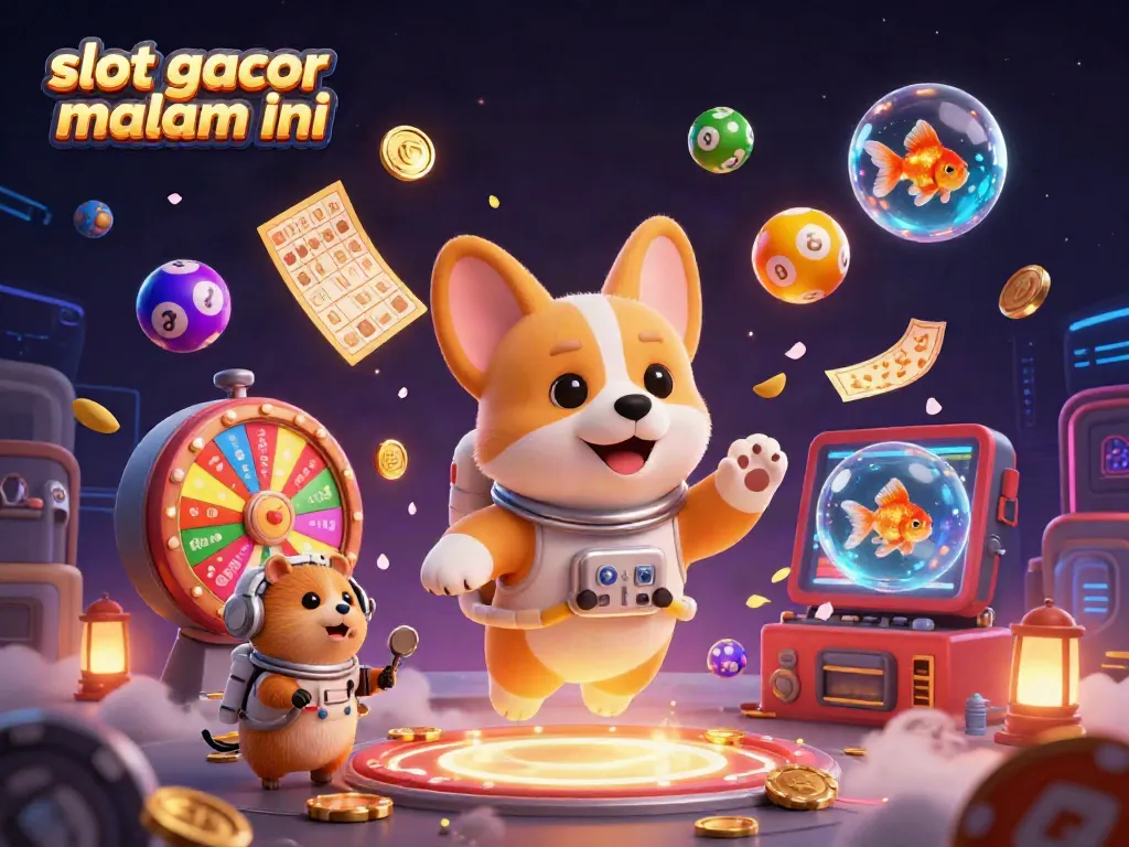 Ilustrasi kasino luar angkasa dengan tema "slot gacor malam ini", menampilkan korbannya yang mengambang di antara elemen-elemen permainan yang mengeluarkan kegembiraan.
