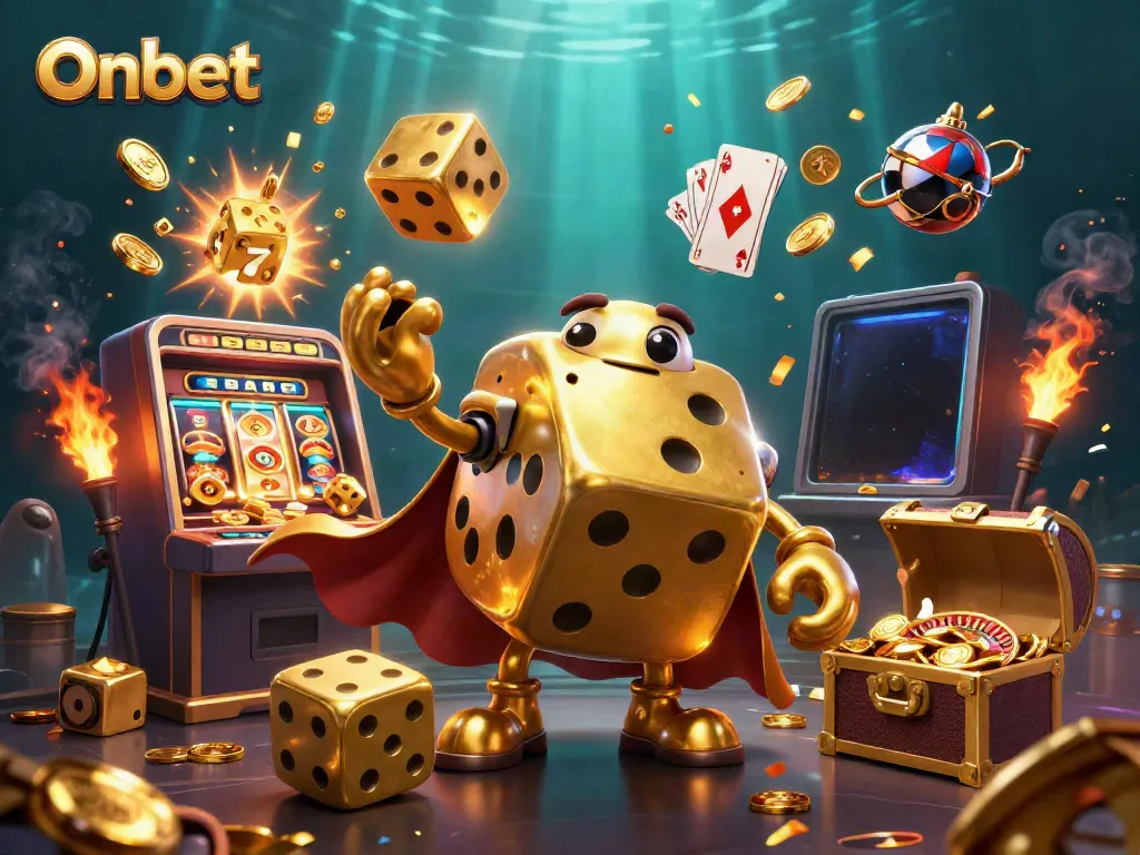 Engage with Onbet's exhilarating casino experience featuring animated golden dice, vibrant slot machines, and jackpot excitement.