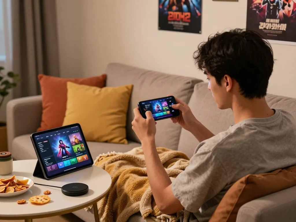 Man playing mobile porn games on a couch, surrounded by gaming elements.