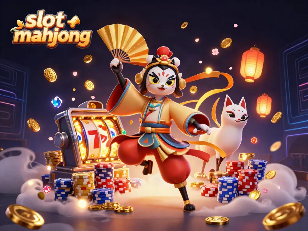 Slot mahjong yang menampilkan karakter kabuki dengan elemen permainan dan koin berkilau