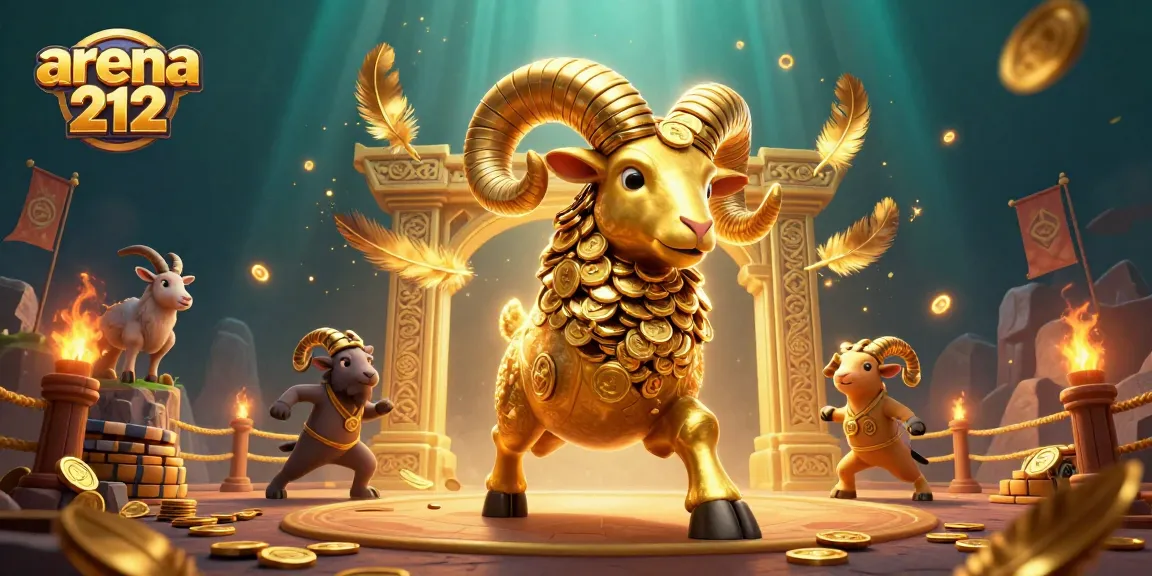 Menang besar di arena212 dengan ram emas yang berlari ke gerbang jackpot, dikelilingi koin dan efek api.