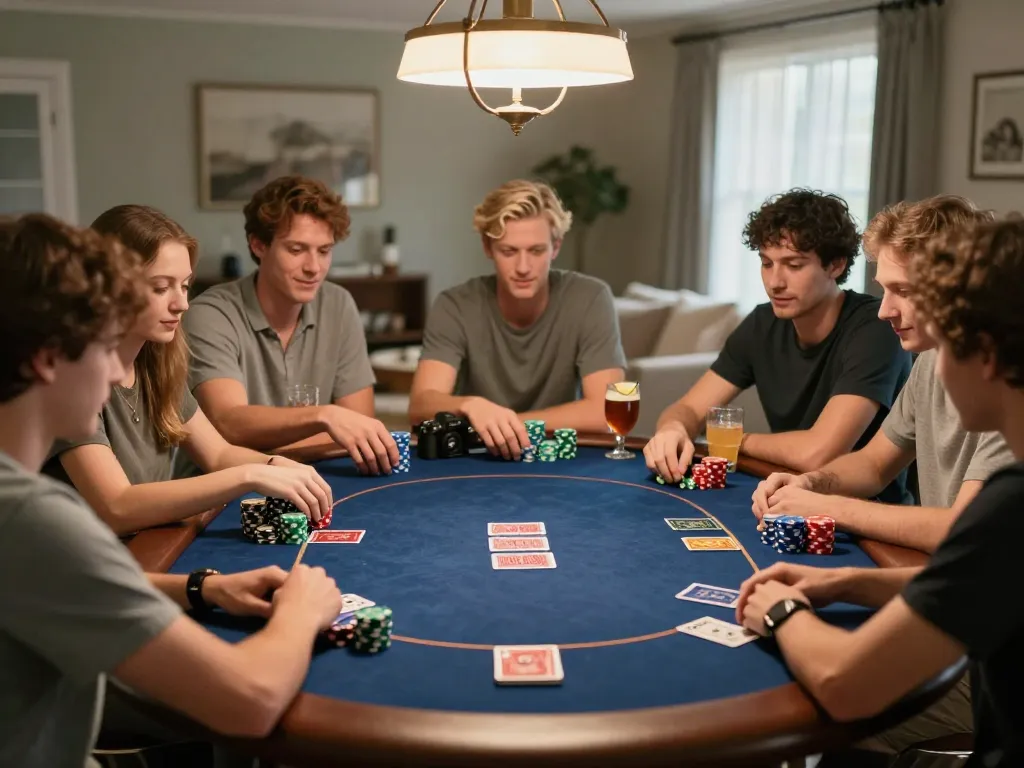 Exciting home poker night scene illustrating friends enjoying ดูหนังออนไลน์ and gaming together