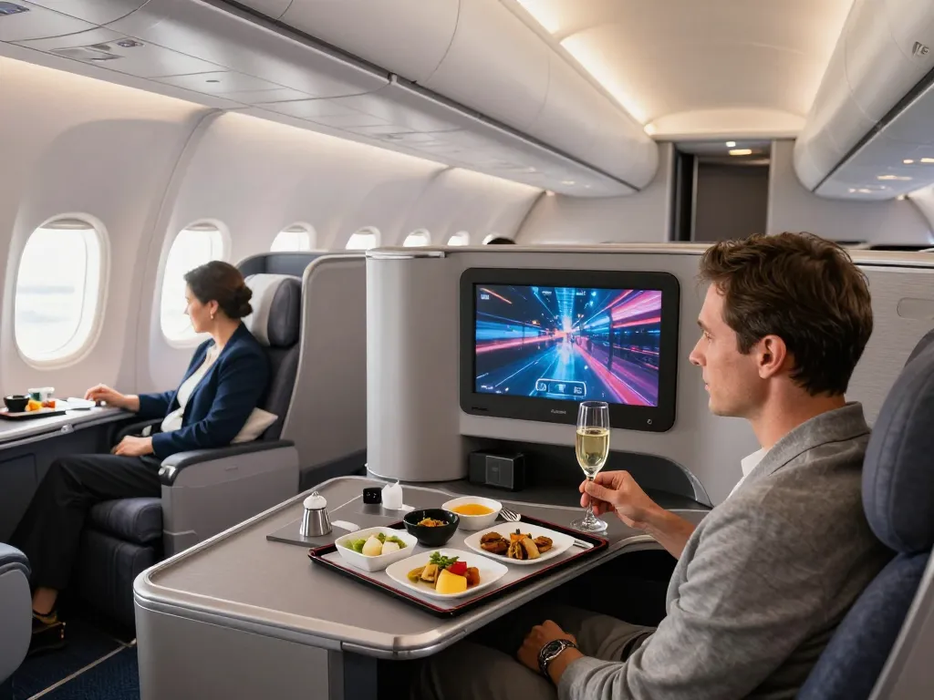 Passenger enjoying a gourmet meal onboard the American Airlines 789P in luxurious business class.