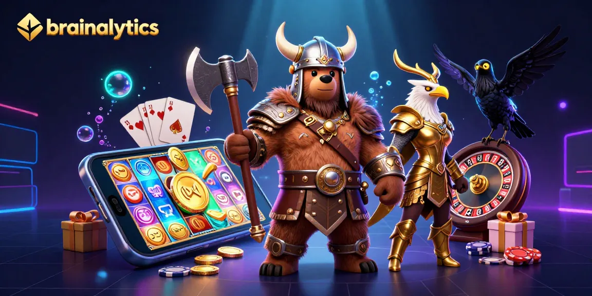 Experience excitement with brainalytics, showcasing a Viking bear and Valkyrie eagle in a vibrant slot game scene.
