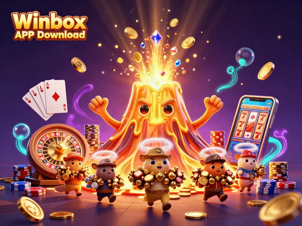 Winbox APK Download features a golden volcano erupting coins in a vibrant casino adventure.
