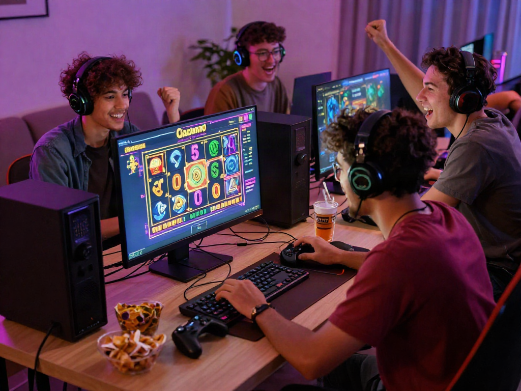 Exciting group gaming moment with friends enjoying slot gacor games, vibrant graphics and engaging atmosphere.