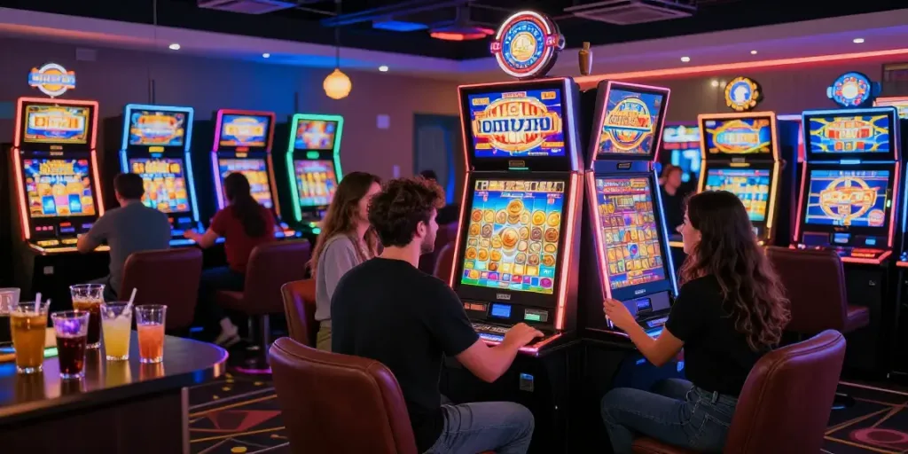 Exciting slot gacor gaming lounge scene with players at vibrant machines