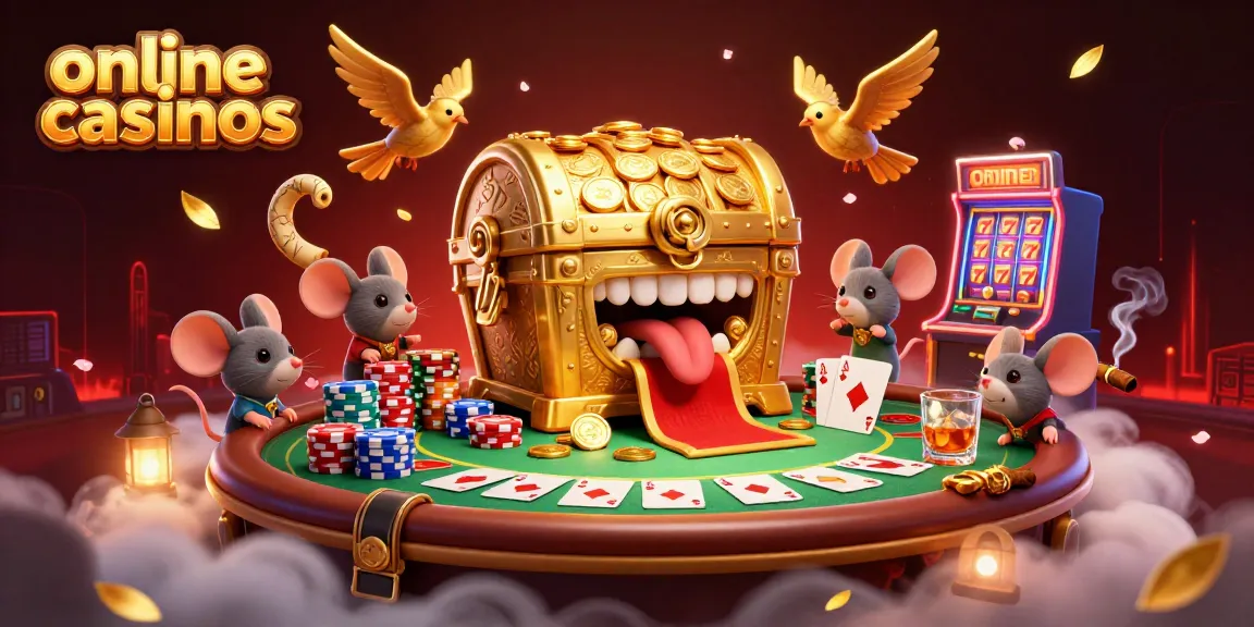 Engage in thrilling online casinos, exploring a vibrant scene filled with poker chips, slot reels, and a golden treasure chest.