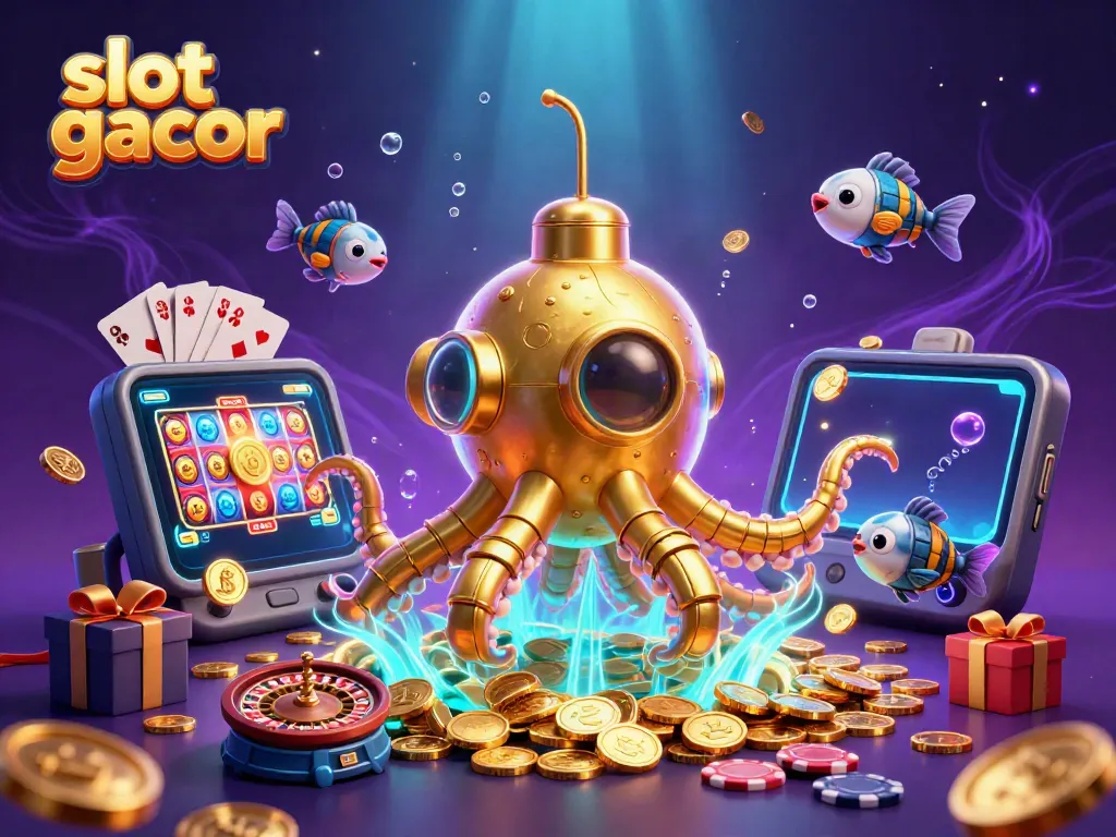 Engaging scene of slot gacor with a golden kraken submarine and dynamic casino elements
