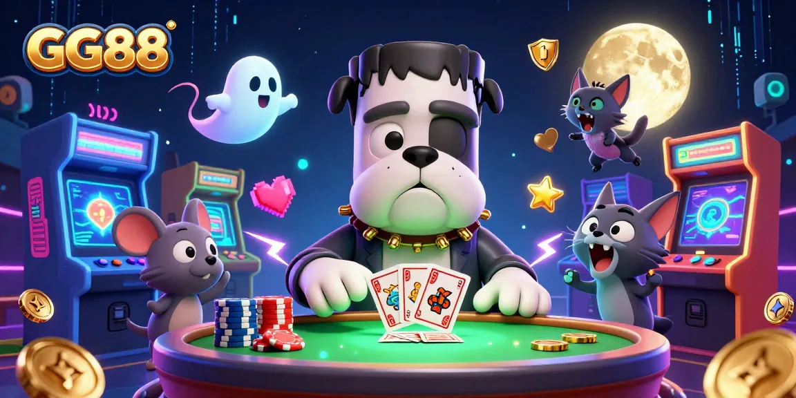 Experience exciting gameplay at GG88 with a spooky casino scene featuring lively characters and vibrant gaming elements.
