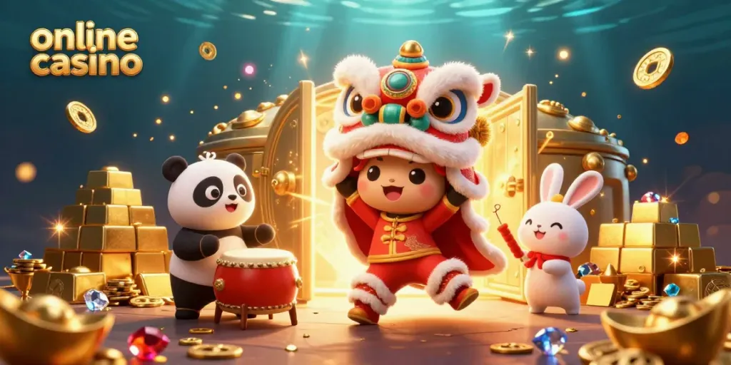Experience vibrant action in this online casino scene featuring a lion dance and treasures.