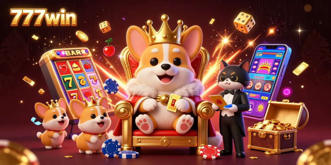 Nikmati keseruan 777win dengan raja corgi di takhta slot, dikelilingi oleh elemen kasino yang penuh warna.