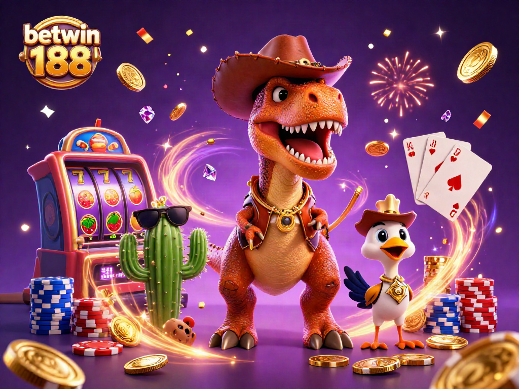 Experience thrilling wins with betwin 188's dynamic 3D casino scene featuring a cowboy dinosaur.