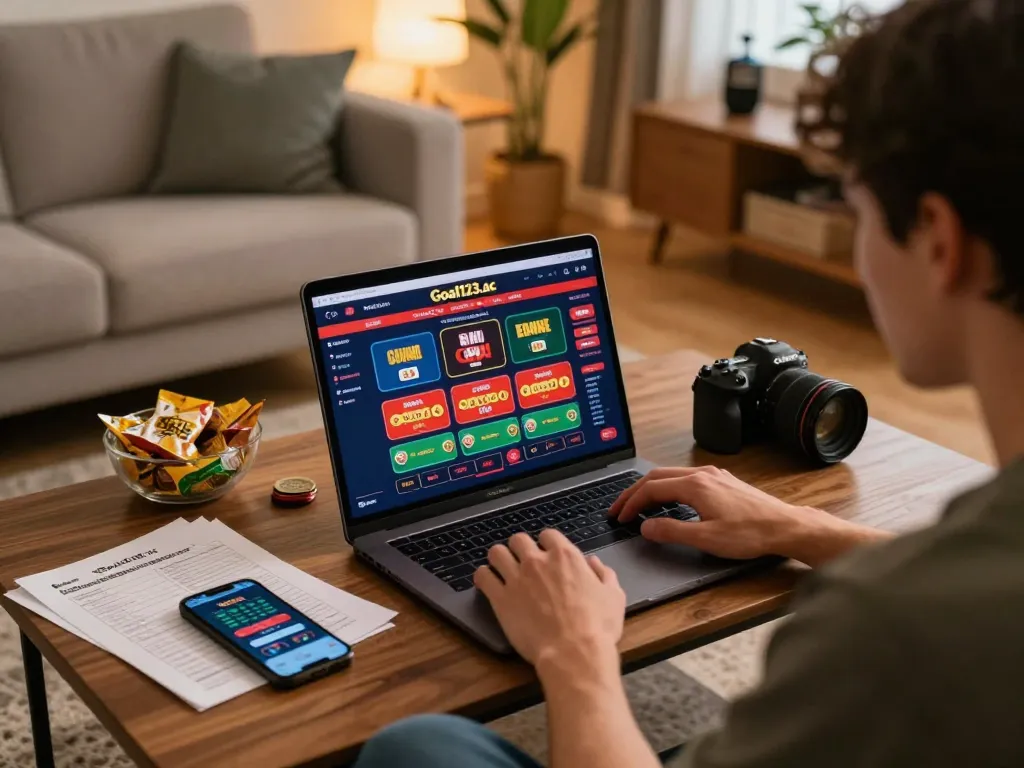 Engaging in online gaming at goal123.ac, showcasing a player using a laptop with gaming cards displayed.